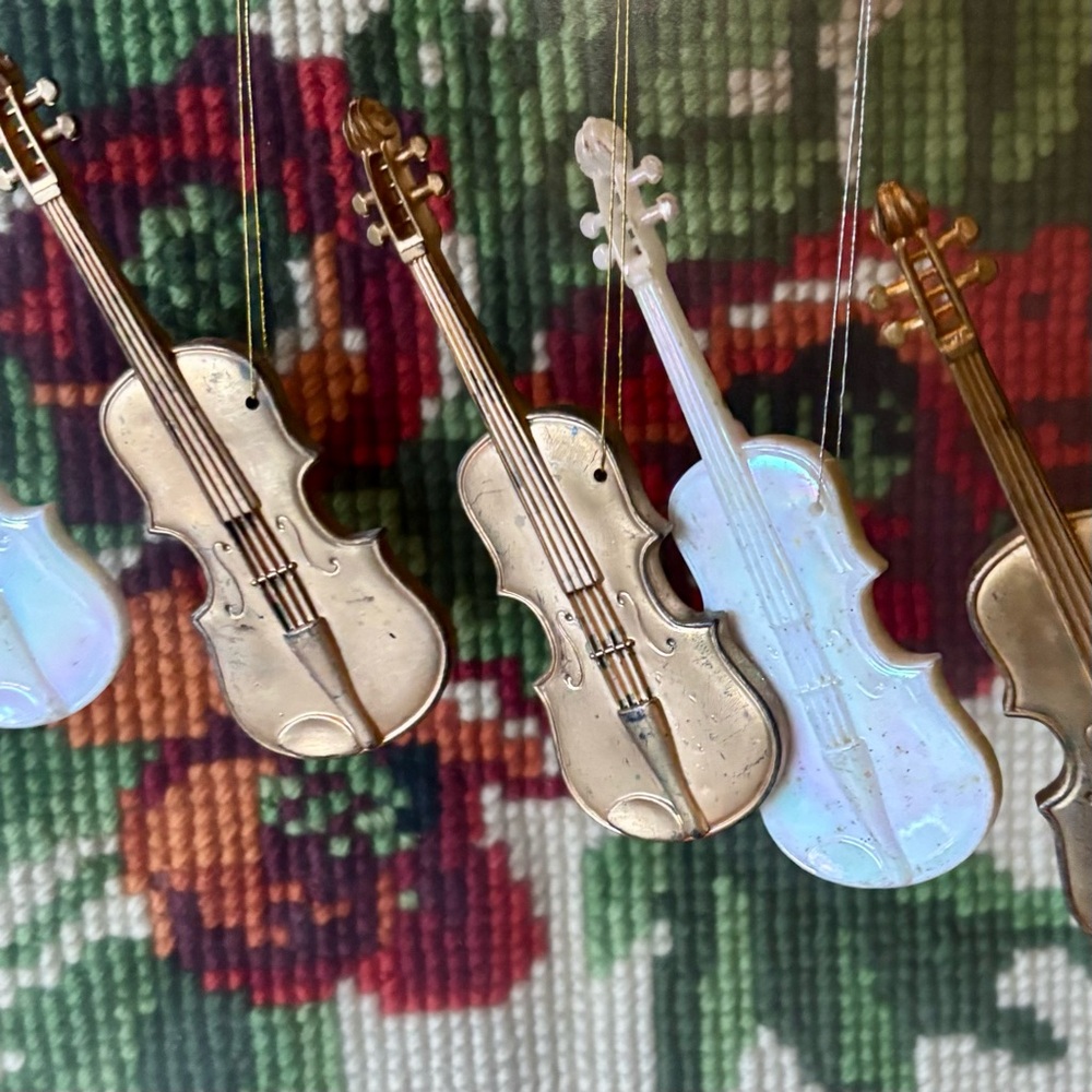Vintage Violin Ornaments Set Of 5 Antique Gold White Iridescent Musical